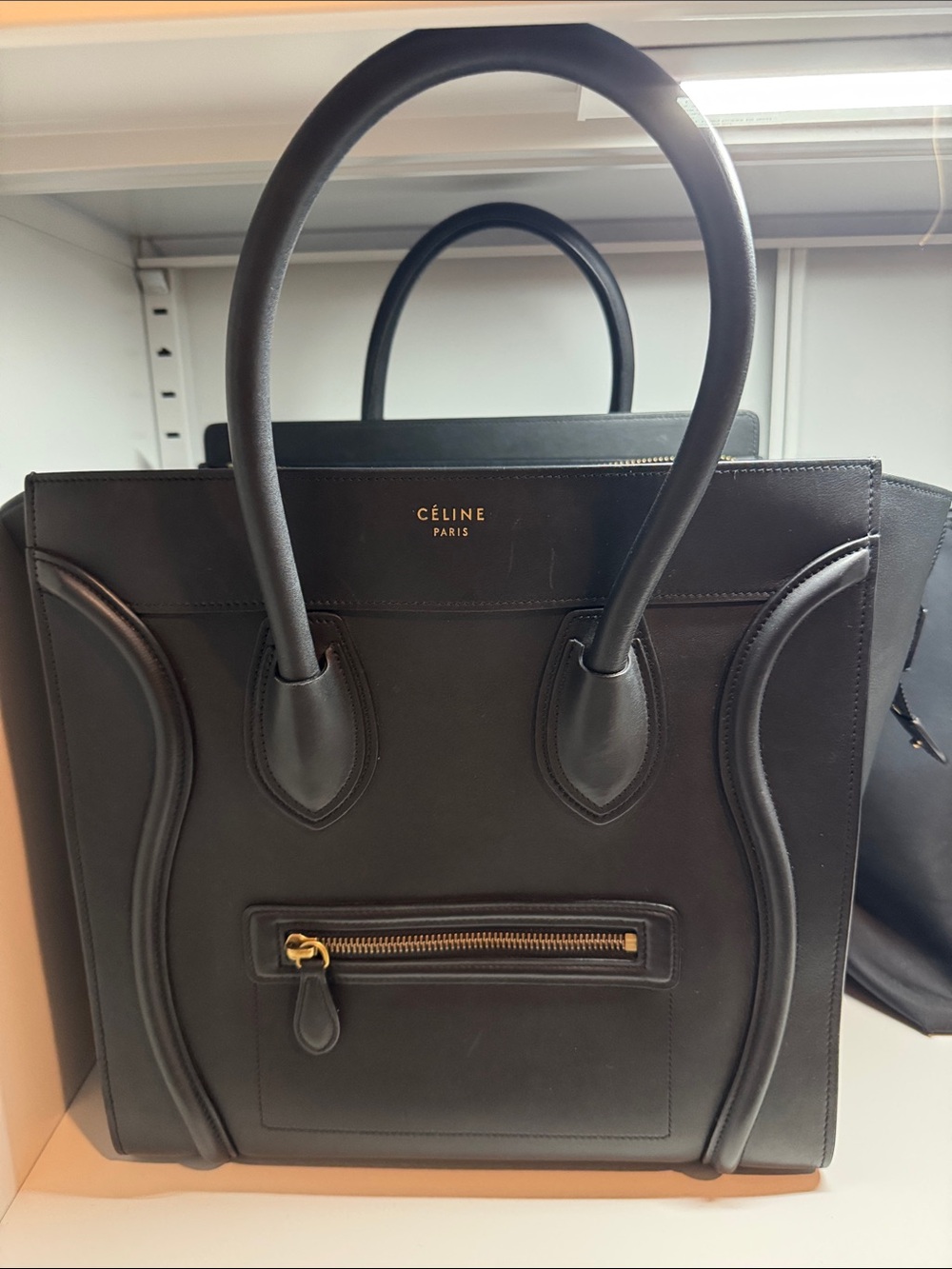 AUTHENTIC Celine LUGGAGE Black Leather Tote with Gold Zip Accents